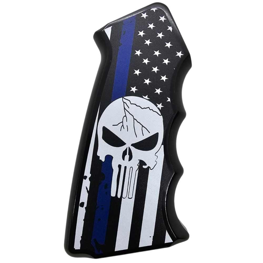 CNC Aluminum AR-15 / M4 Pistol Grip – Ergonomic – Thin Blue Line Skull Desi-img-1