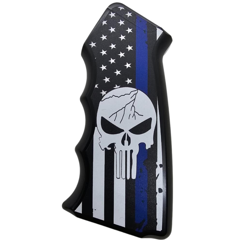 CNC Aluminum AR-15 / M4 Pistol Grip – Ergonomic – Thin Blue Line Skull Desi-img-2