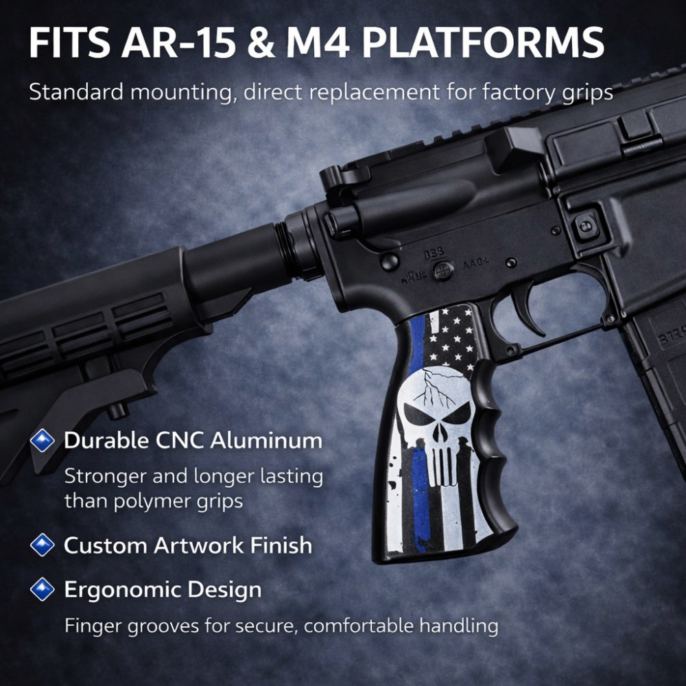 CNC Aluminum AR-15 / M4 Pistol Grip – Ergonomic – Thin Blue Line Skull Desi-img-0