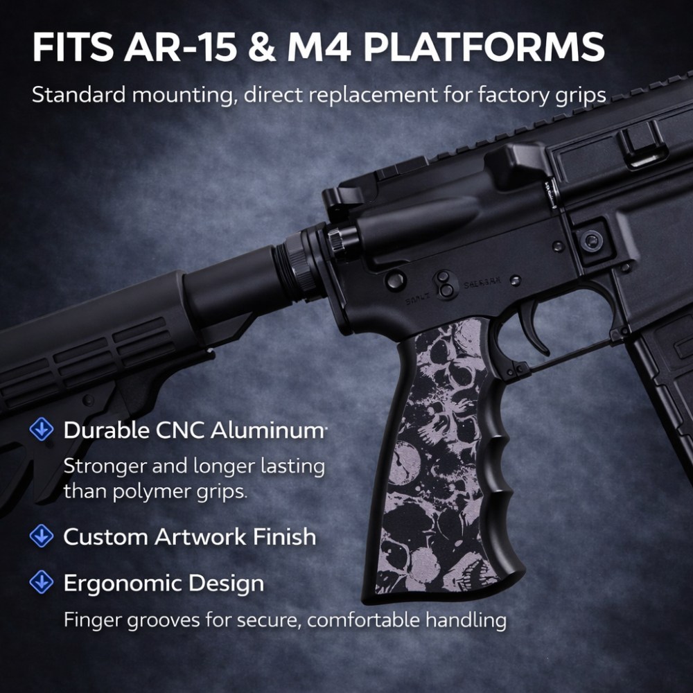 CNC Aluminum AR-15 / M4 Pistol Grip – Ergonomic – Skull Camo Design-img-0