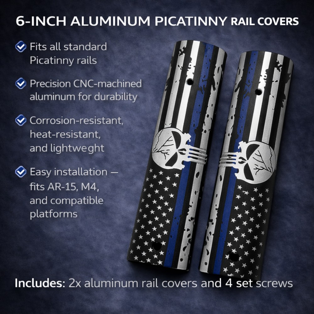 6" Aluminum Picatinny Rail Covers – Thin Blue Line American Flag Skull  Set-img-0