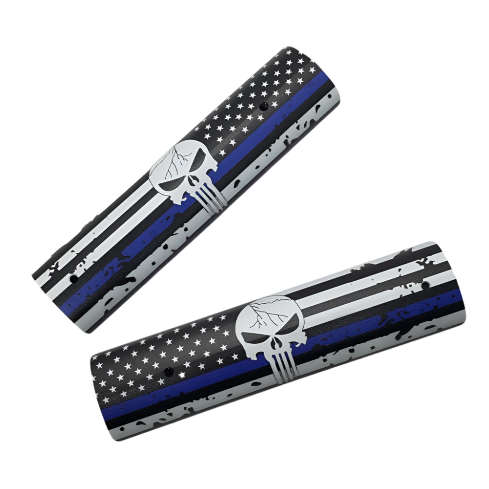 6" Aluminum Picatinny Rail Covers – Thin Blue Line American Flag Skull  Set-img-1