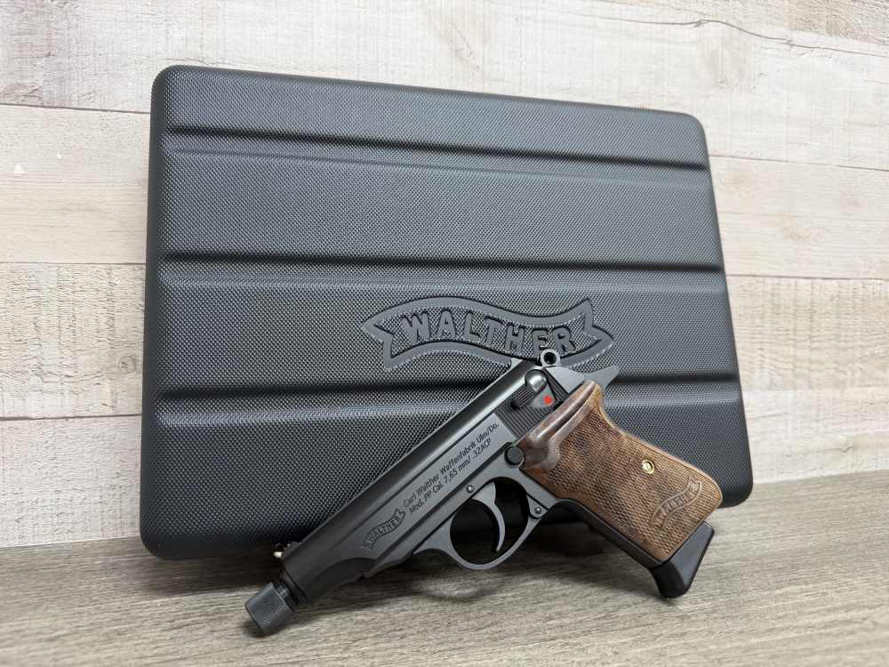 WALTHER PP SD 32 ACP BLACK THREADED BARREL WALNUT GRIPS 4797002 BRAND NEW-img-1