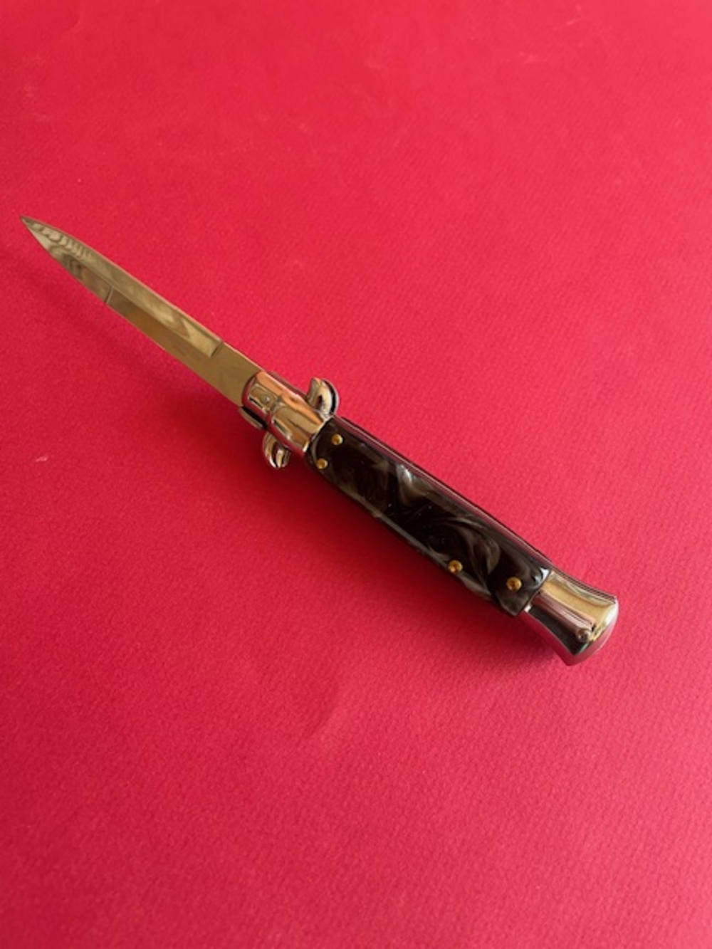 8.75" Italian Style Stiletto Classic Switchblade Knife Black Marble Handle-img-1