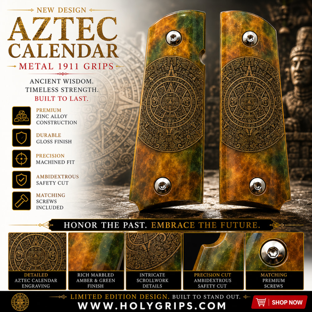 Aztec Calendar Premium Metal 1911 Full Size Grips Gloss Finish Ambi Cut-img-0