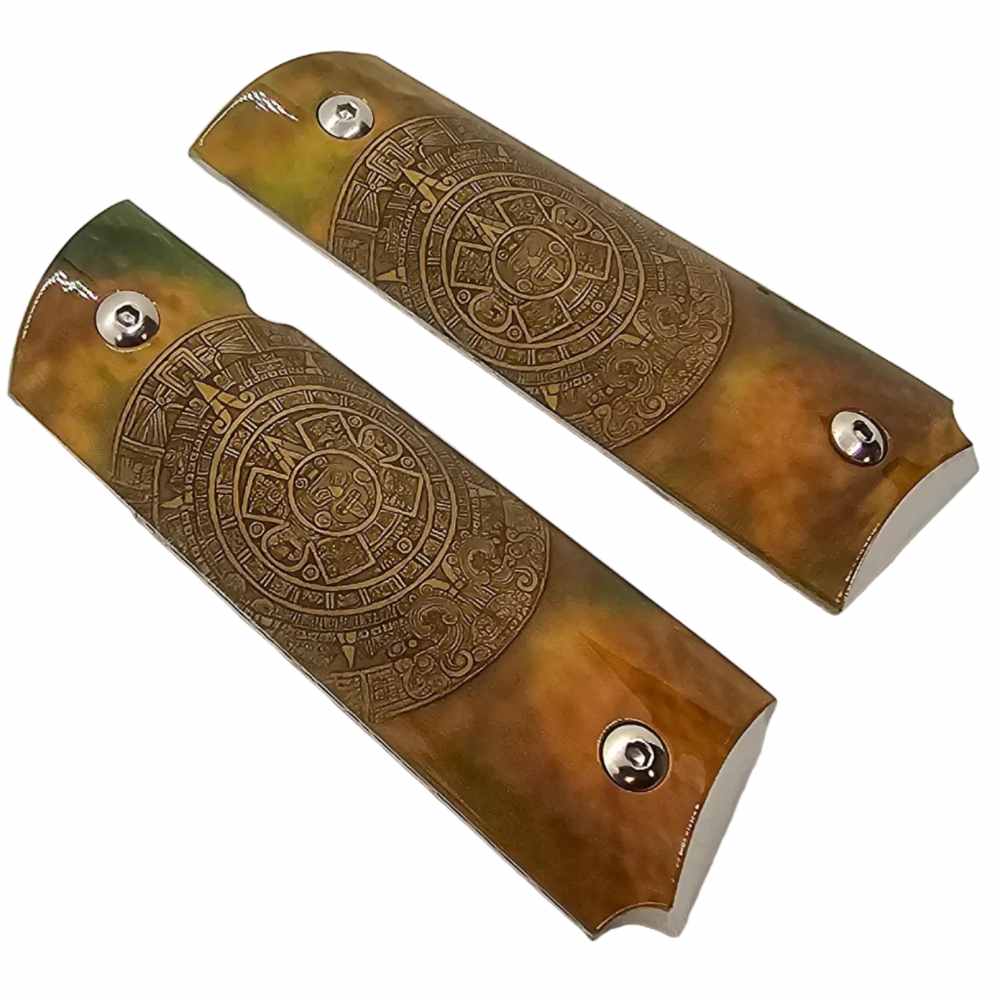Aztec Calendar Premium Metal 1911 Full Size Grips Gloss Finish Ambi Cut-img-2