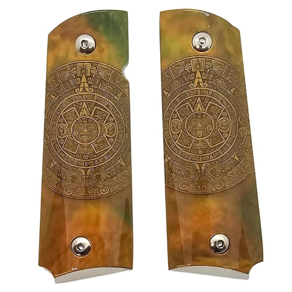 Aztec Calendar Premium Metal 1911 Full Size Grips Gloss Finish Ambi Cut-img-1
