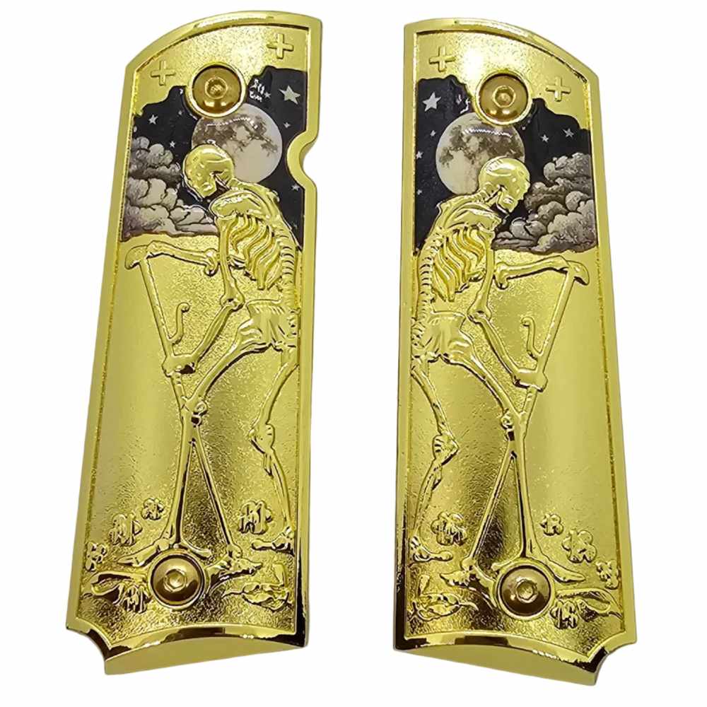 Death Tarot Metal 1911 Full Size Grips Gold Finish Ambi Cut Premium-img-1