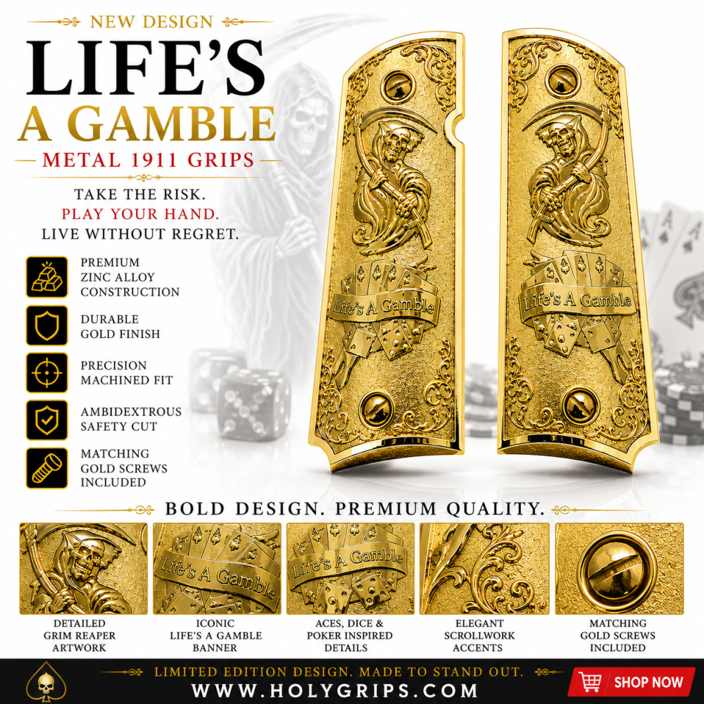 Life's A Gamble Metal 1911 Full Size Grips Gold Finish Ambi Cut Premium-img-0