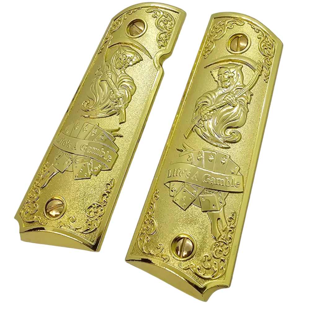 Life's A Gamble Metal 1911 Full Size Grips Gold Finish Ambi Cut Premium-img-1