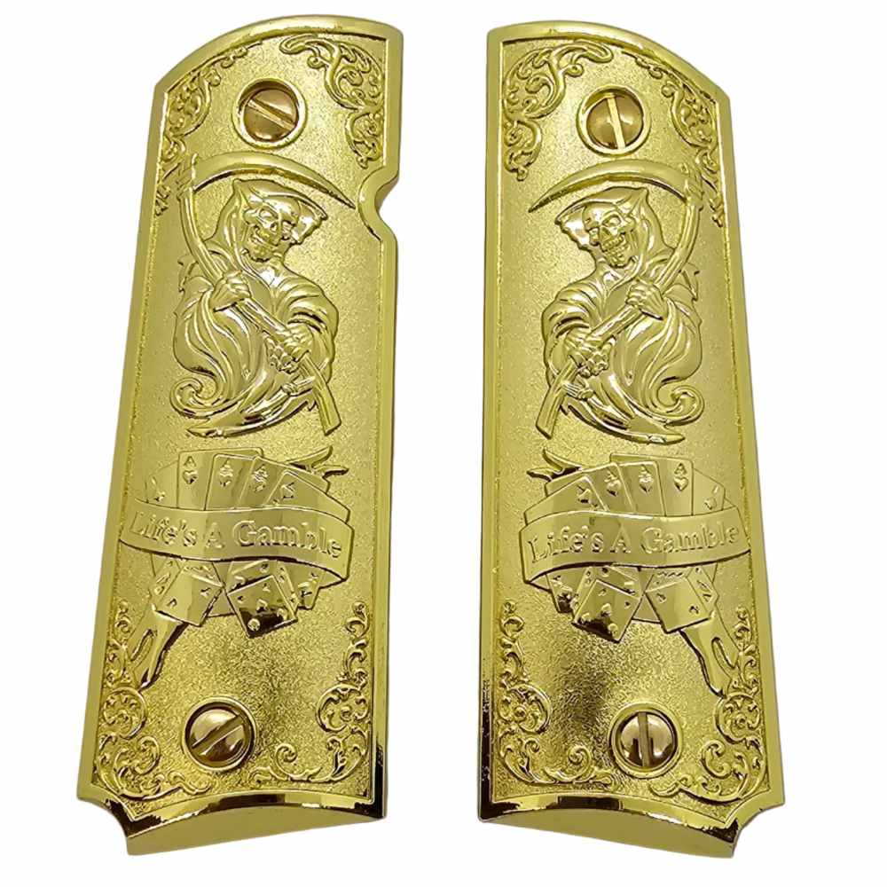 Life's A Gamble Metal 1911 Full Size Grips Gold Finish Ambi Cut Premium-img-3