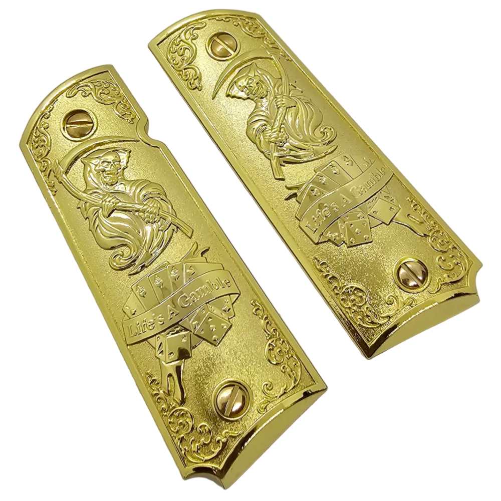Life's A Gamble Metal 1911 Full Size Grips Gold Finish Ambi Cut Premium-img-2