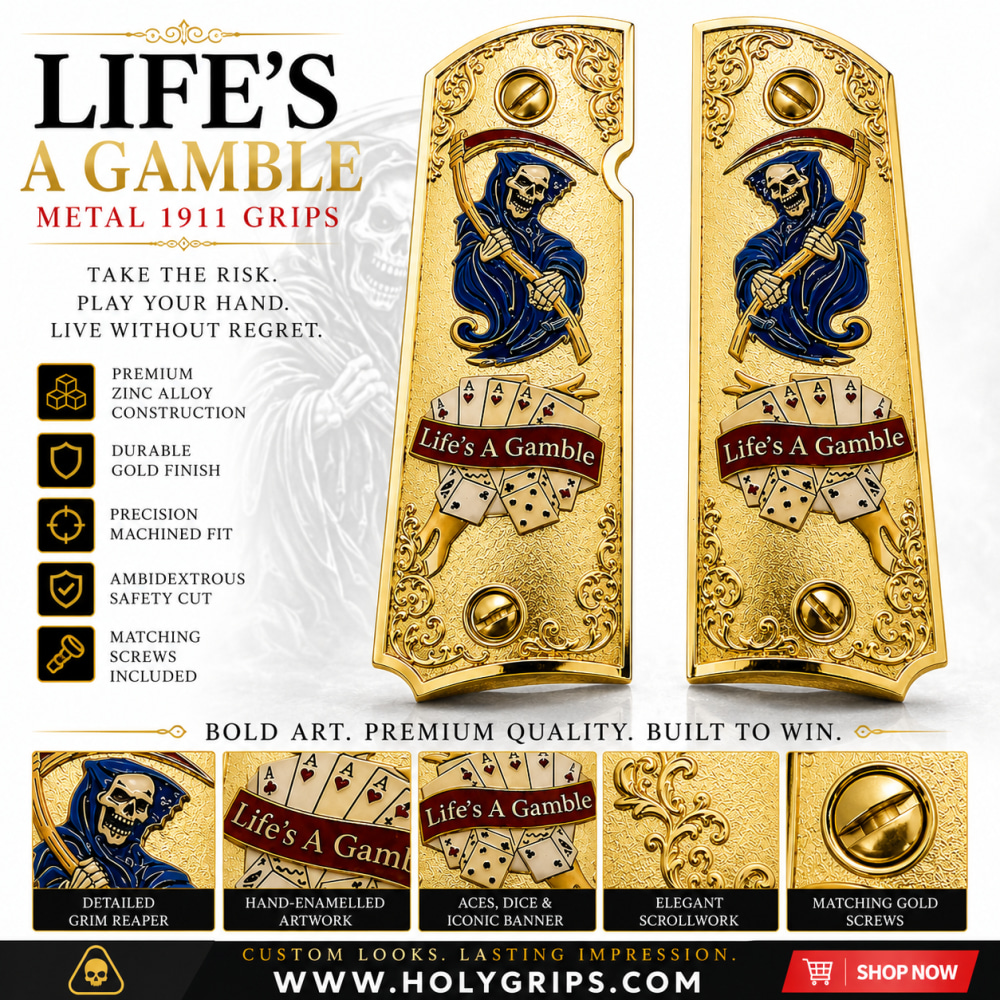Life's A Gamble Metal 1911 Full Size Grips Gold Finish Ambi Cut Premium-img-0