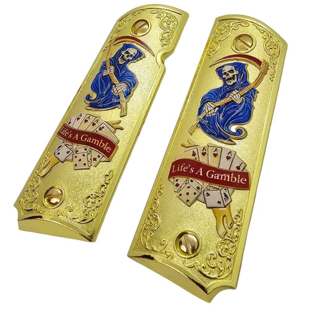 Life's A Gamble Metal 1911 Full Size Grips Gold Finish Ambi Cut Premium-img-3