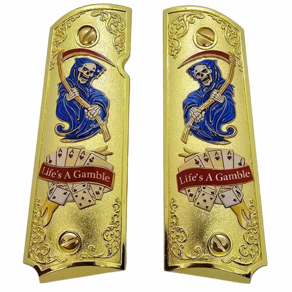 Life's A Gamble Metal 1911 Full Size Grips Gold Finish Ambi Cut Premium-img-1