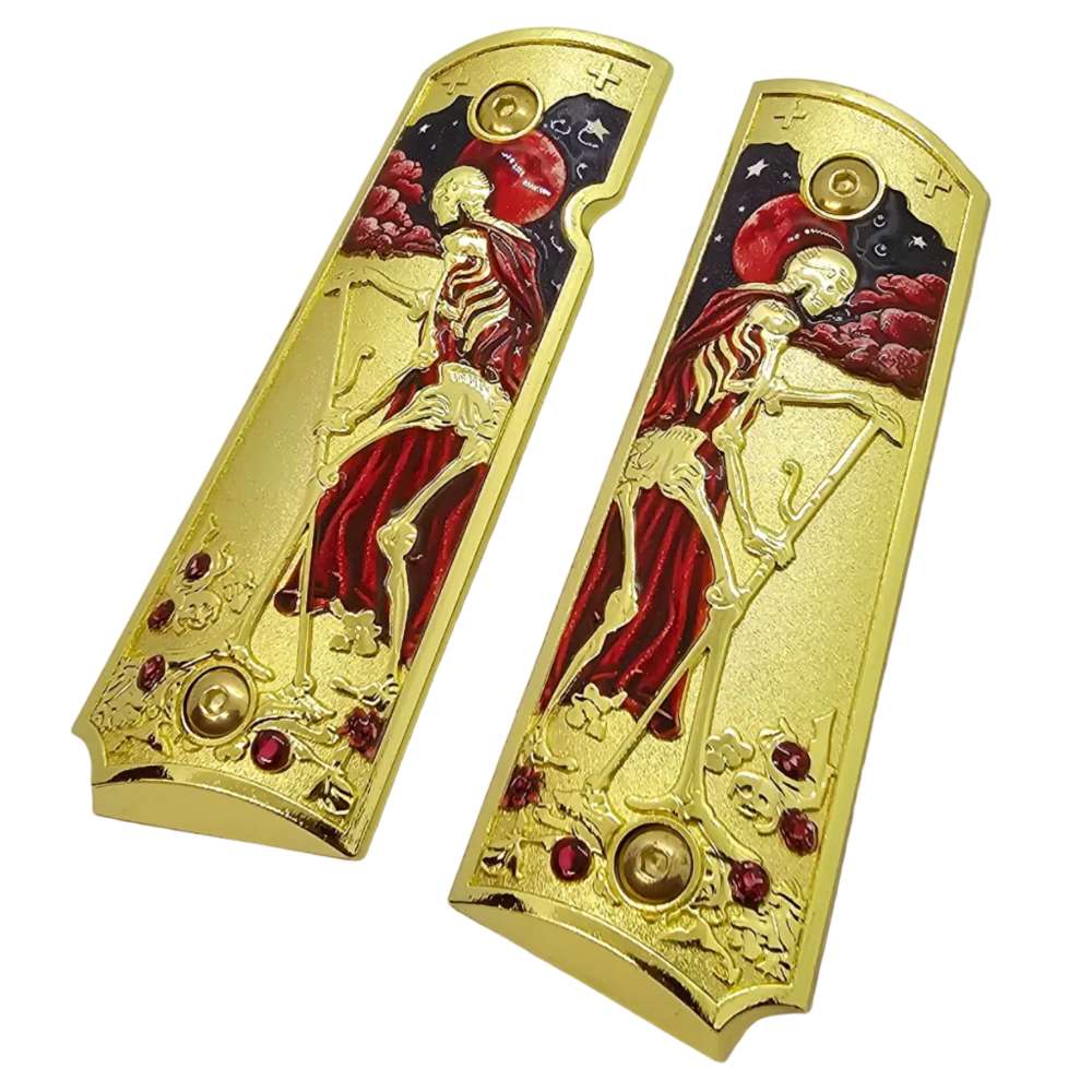 Death Tarot Metal 1911 Full Size Grips Gold Finish Ambi Cut Premium-img-3