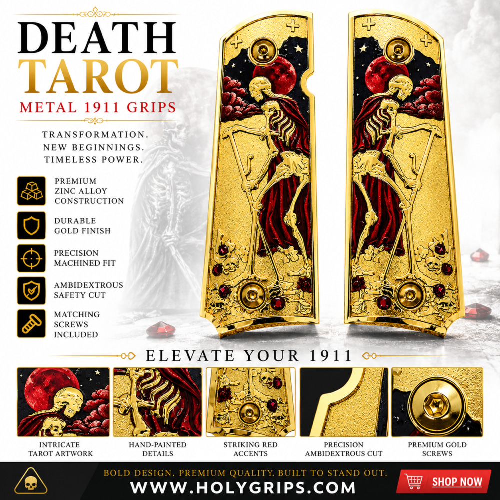Death Tarot Metal 1911 Full Size Grips Gold Finish Ambi Cut Premium-img-0