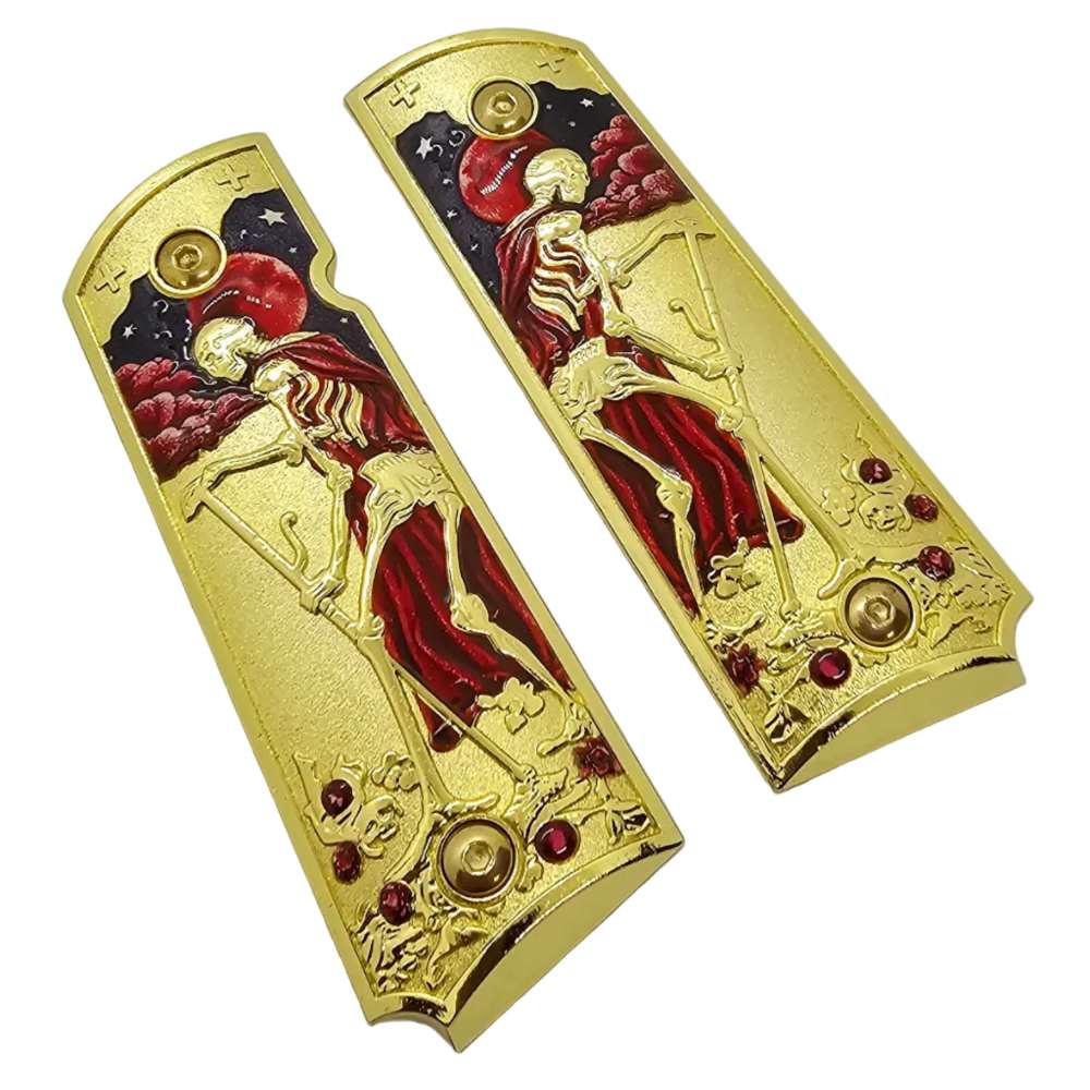 Death Tarot Metal 1911 Full Size Grips Gold Finish Ambi Cut Premium-img-2