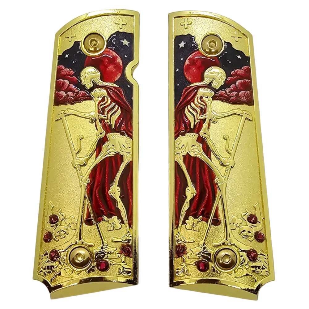 Death Tarot Metal 1911 Full Size Grips Gold Finish Ambi Cut Premium-img-1