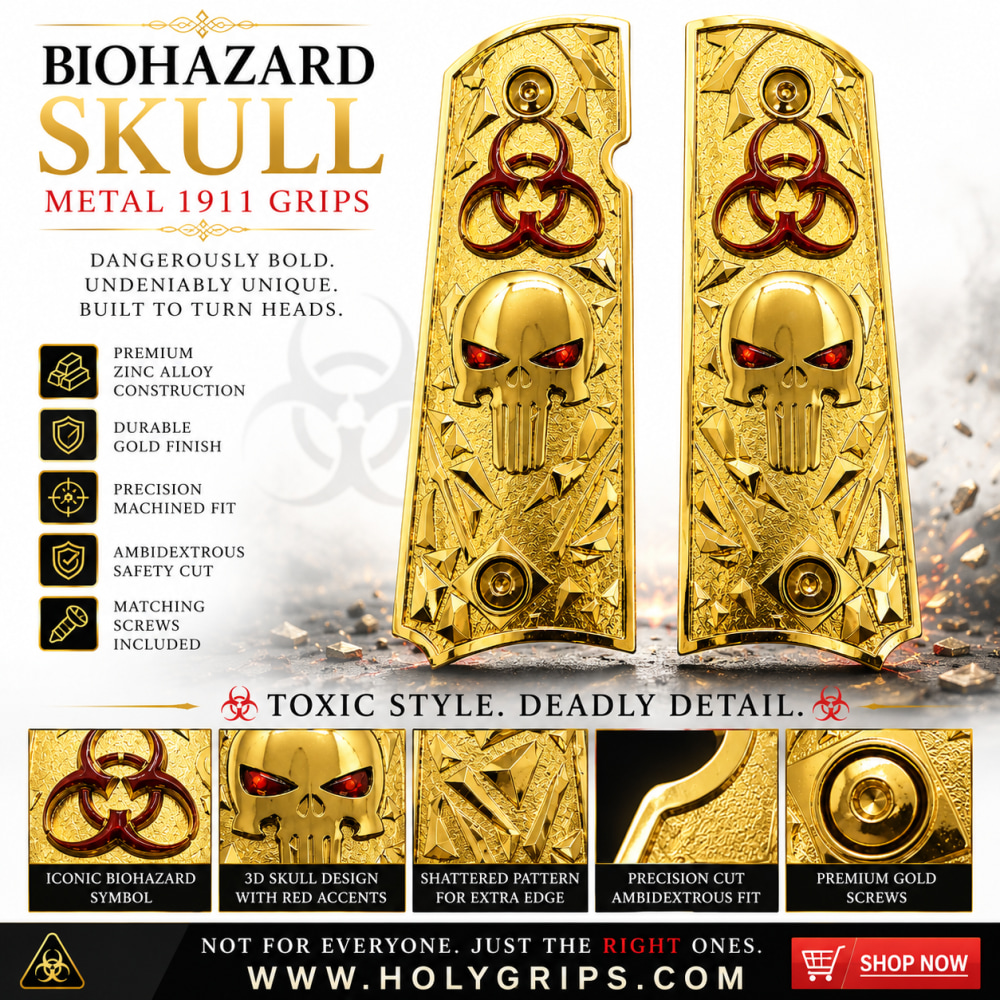 Biohazard Skull Metal 1911 Full Size Grips Gold Finish Ambi Cut Premium-img-0