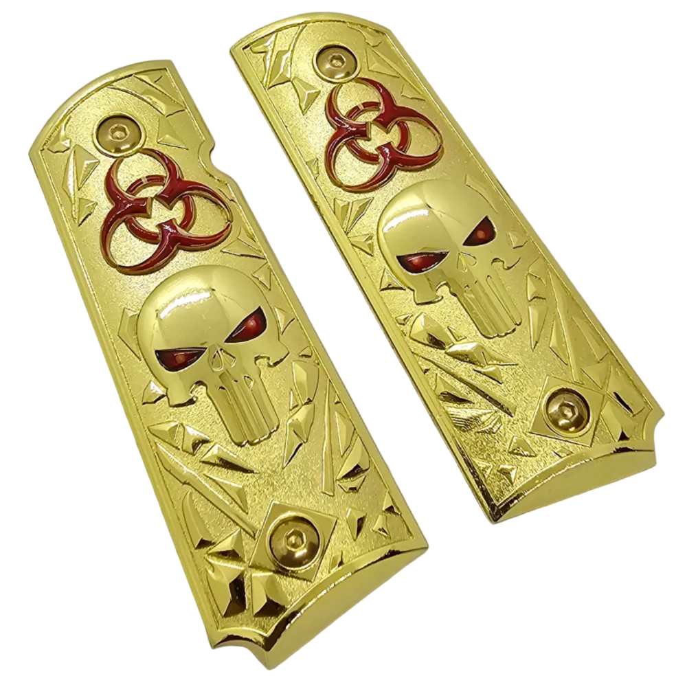 Biohazard Skull Metal 1911 Full Size Grips Gold Finish Ambi Cut Premium-img-2