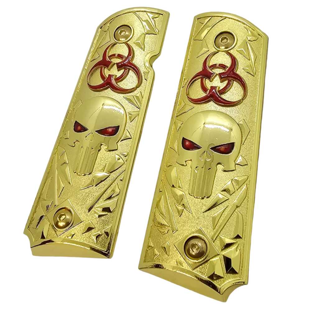 Biohazard Skull Metal 1911 Full Size Grips Gold Finish Ambi Cut Premium-img-3