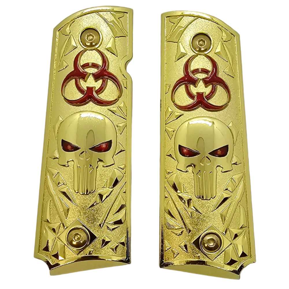 Biohazard Skull Metal 1911 Full Size Grips Gold Finish Ambi Cut Premium-img-1