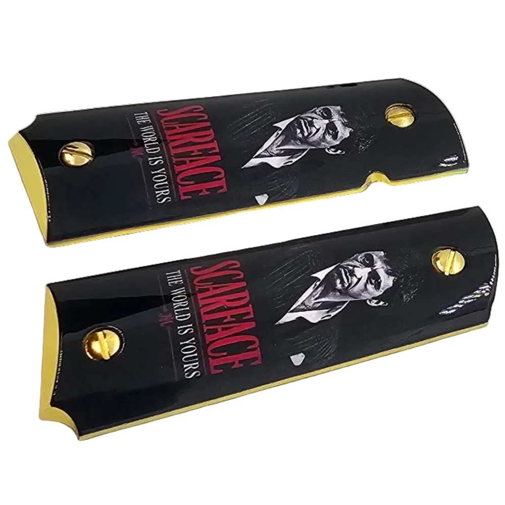 Scarface Metal 1911 Full Size Grips Gold Finish Ambi Cut Premium-img-2