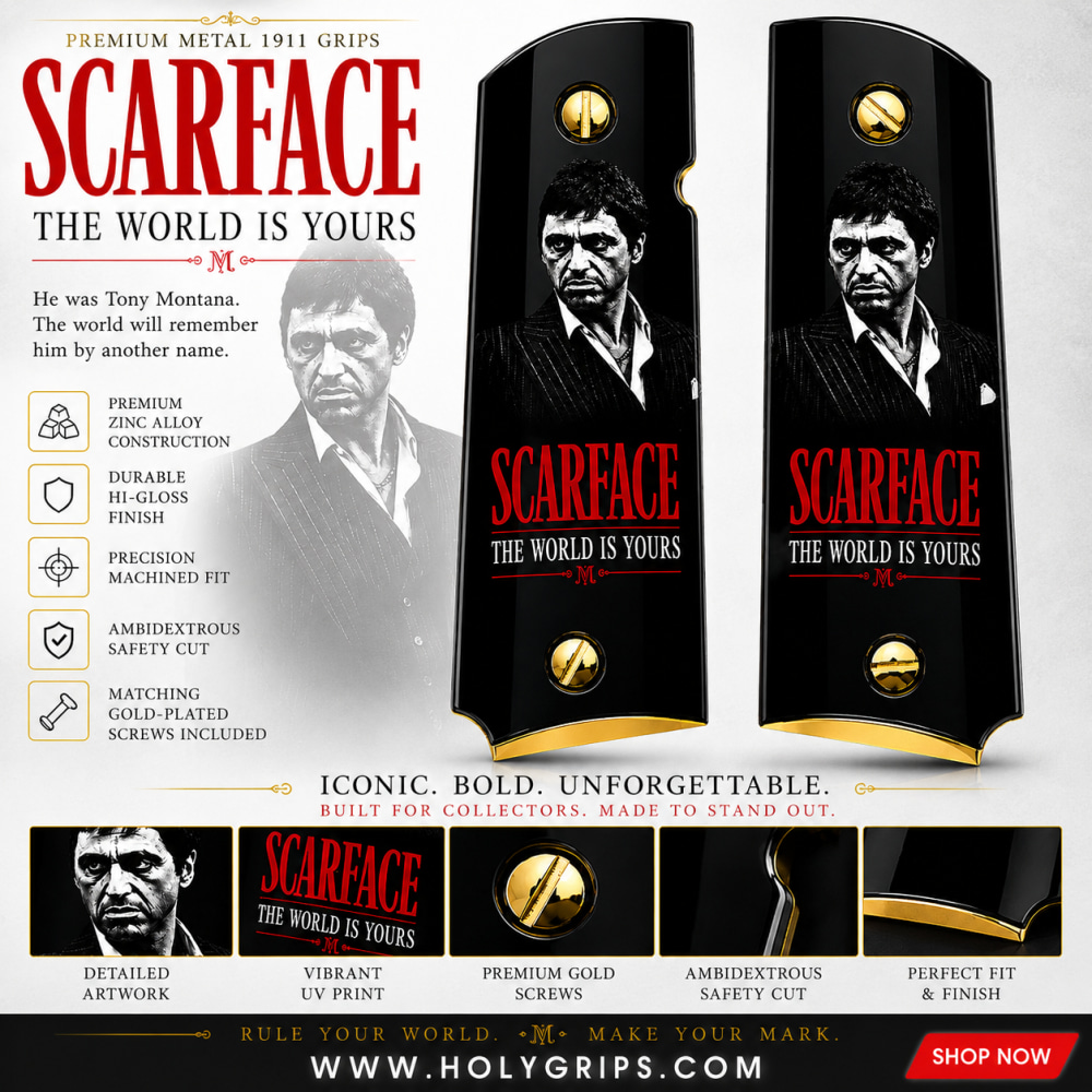 Scarface Metal 1911 Full Size Grips Gold Finish Ambi Cut Premium-img-0