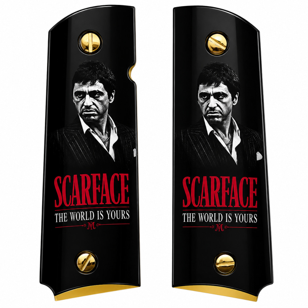 Scarface Metal 1911 Full Size Grips Gold Finish Ambi Cut Premium-img-1