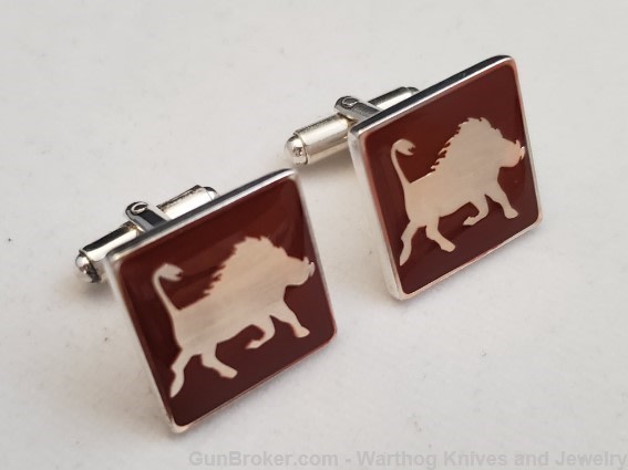 925 Sterling Cuff Links-Warthog inset in Rust Enamel. Handmade.*REDUCED*-img-0