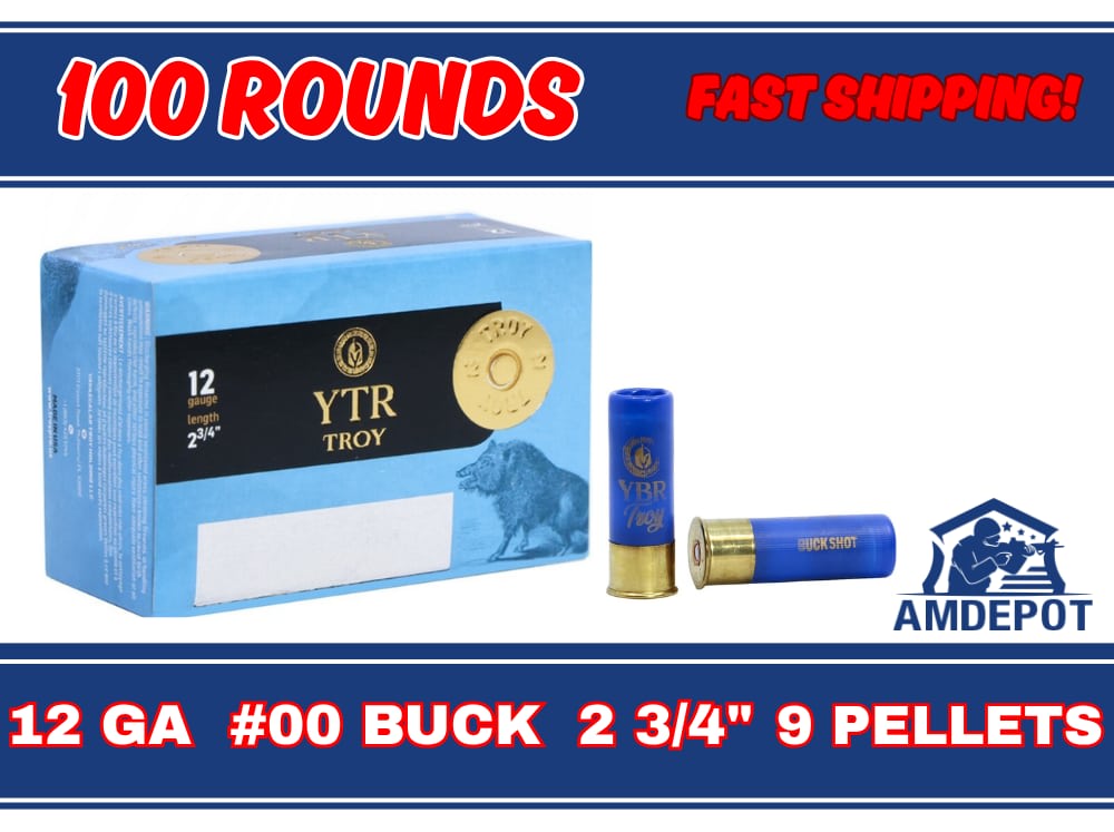 100 RDS - 12 Gauge 00 Buck Shot 9 Pellet 2.75" YTR Troy 12GA Shotgun Shells-img-0