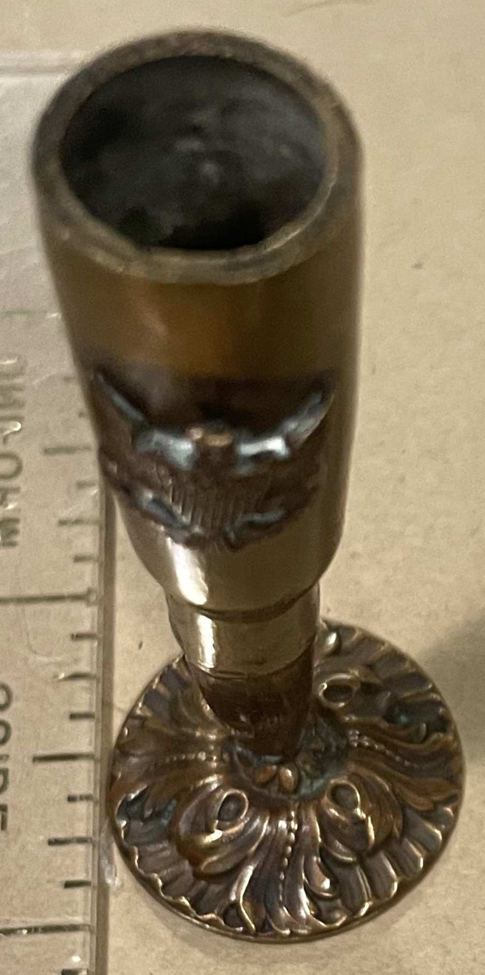 Trench Art Candlestick Brass Shell w Decor -img-1