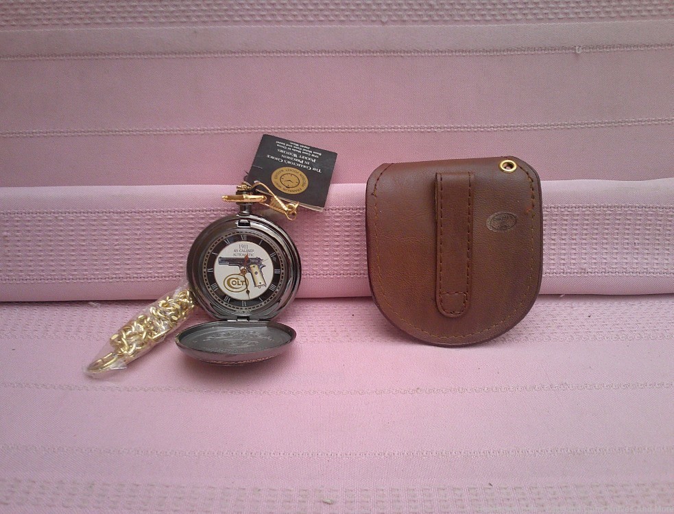 Working 1993 Franklin Mint Colt 1911 .45 24-karat gold accent pocket watch!-img-1