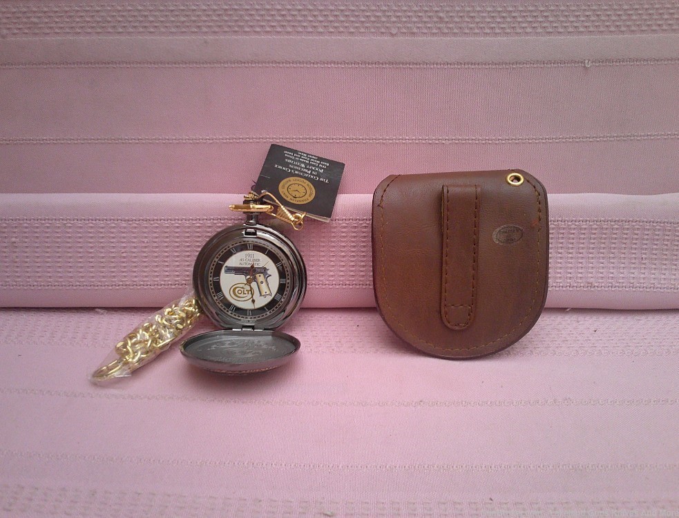 Working 1993 Franklin Mint Colt 1911 .45 24-karat gold accent pocket watch!-img-3