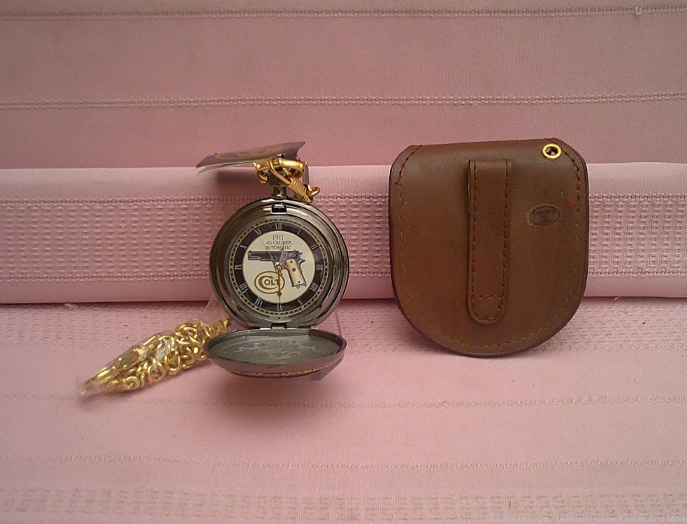 Working 1993 Franklin Mint Colt 1911 .45 24-karat gold accent pocket watch!-img-4