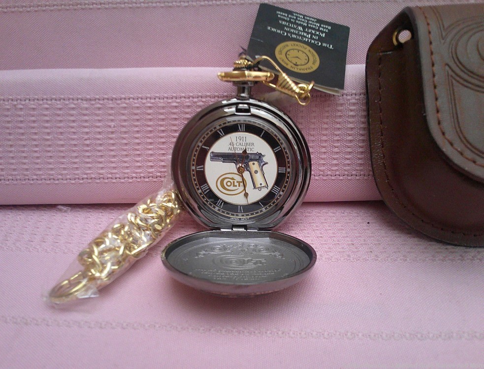 Working 1993 Franklin Mint Colt 1911 .45 24-karat gold accent pocket watch!-img-2
