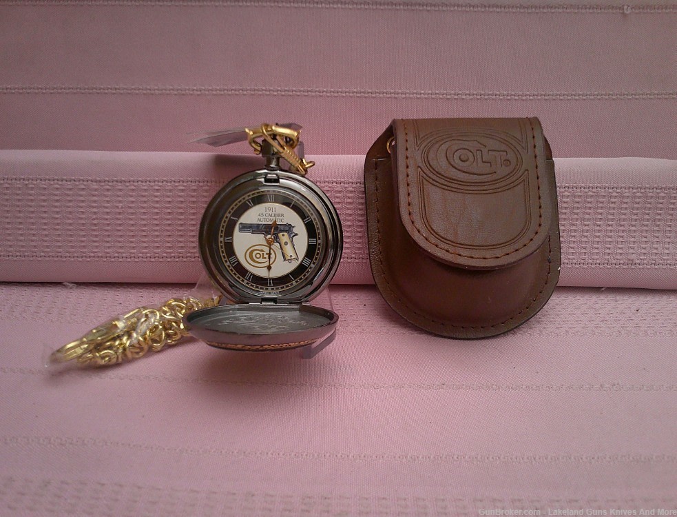Working 1993 Franklin Mint Colt 1911 .45 24-karat gold accent pocket watch!-img-5
