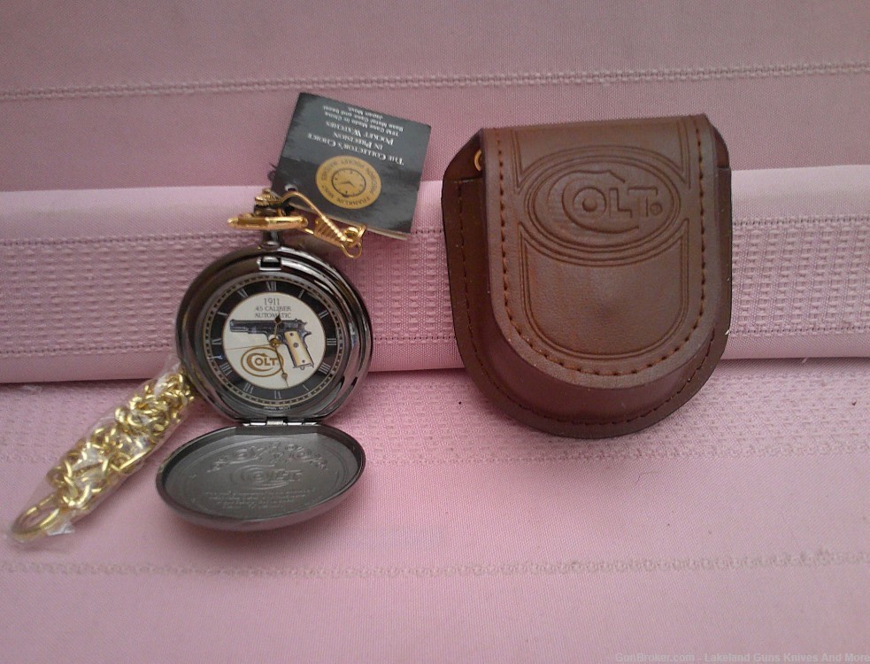 Working 1993 Franklin Mint Colt 1911 .45 24-karat gold accent pocket watch!-img-0