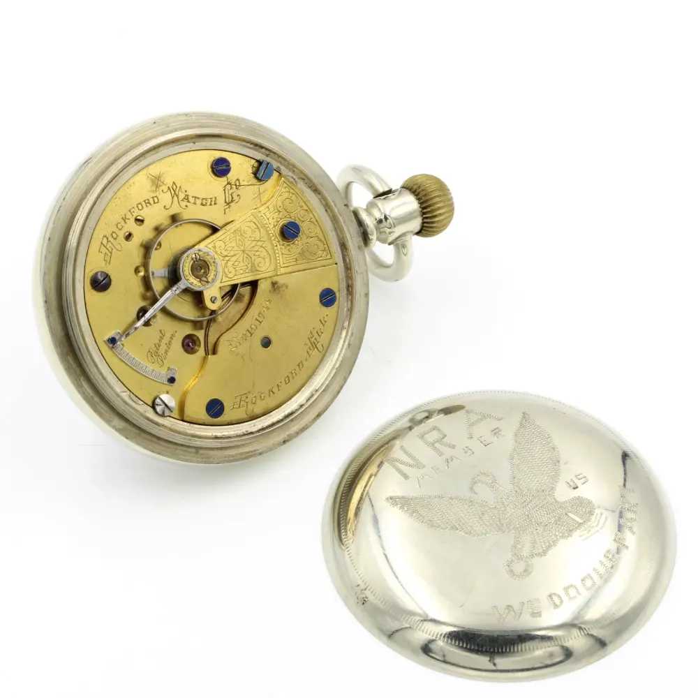 1883 ROCKFORD WATCH CO. POCKET WATCH NRA ON THE BACK S18, 15J, RUNNING-img-3