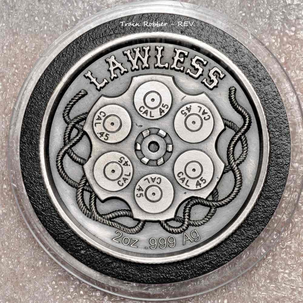 Lawless Train Robber - 2oz .999 silver round antiqued in ultra high relief-img-1