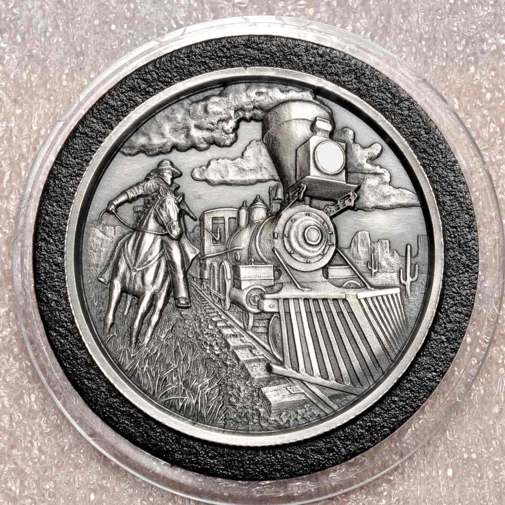 Lawless Train Robber - 2oz .999 silver round antiqued in ultra high relief-img-0
