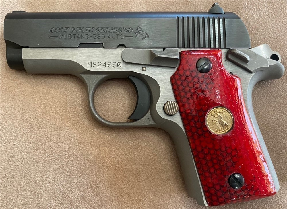 Red Sea Snake Skin Grips for Colt Mustang w/Gold Colt Medallions GRIPS ONLY-img-1