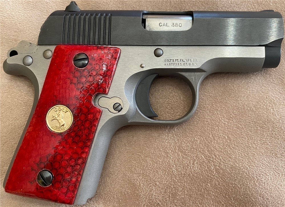 Red Sea Snake Skin Grips for Colt Mustang w/Gold Colt Medallions GRIPS ONLY-img-0