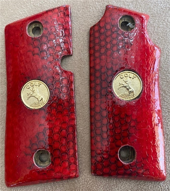 Red Sea Snake Skin Grips for Colt Mustang w/Gold Colt Medallions GRIPS ONLY-img-2