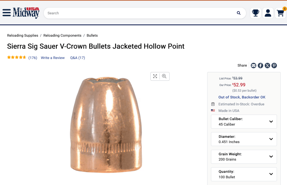 Sierra 200 gr V-Crown .451 Bullets 45 Colt, 45 ACP - 100 pcs packs-img-1