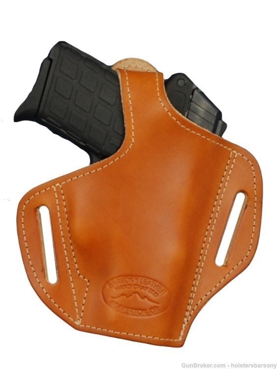 Barsony Saddle Tan Leather Pancake Holster Kimber Micro, Colt Mustang right-img-0