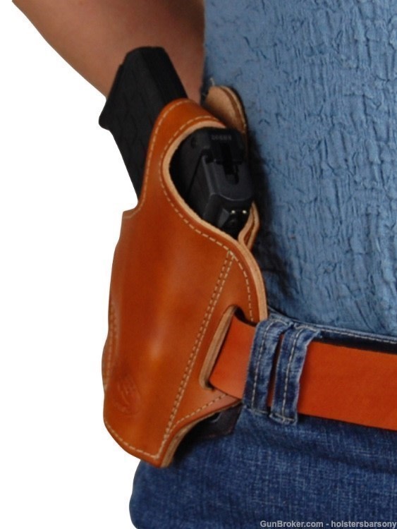 Barsony Saddle Tan Leather Pancake Holster Kimber Micro, Colt Mustang right-img-3