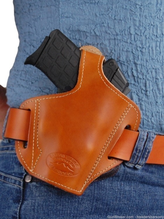 Barsony Saddle Tan Leather Pancake Holster Kimber Micro, Colt Mustang right-img-2