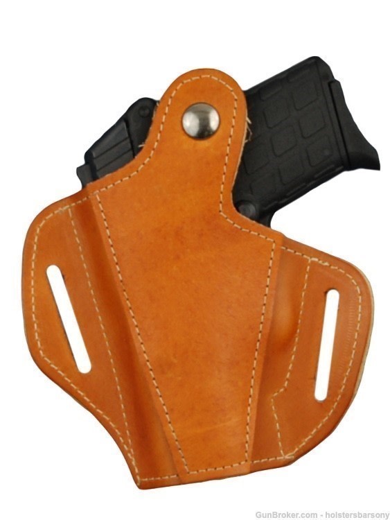 Barsony Saddle Tan Leather Pancake Holster Kimber Micro, Colt Mustang right-img-1